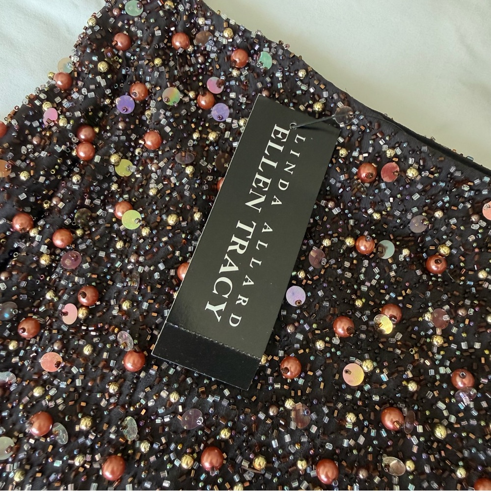 Designer Linda Allard Ellen Tracy Black Multicolor Sequin Silk Skirt $535 Beaded
